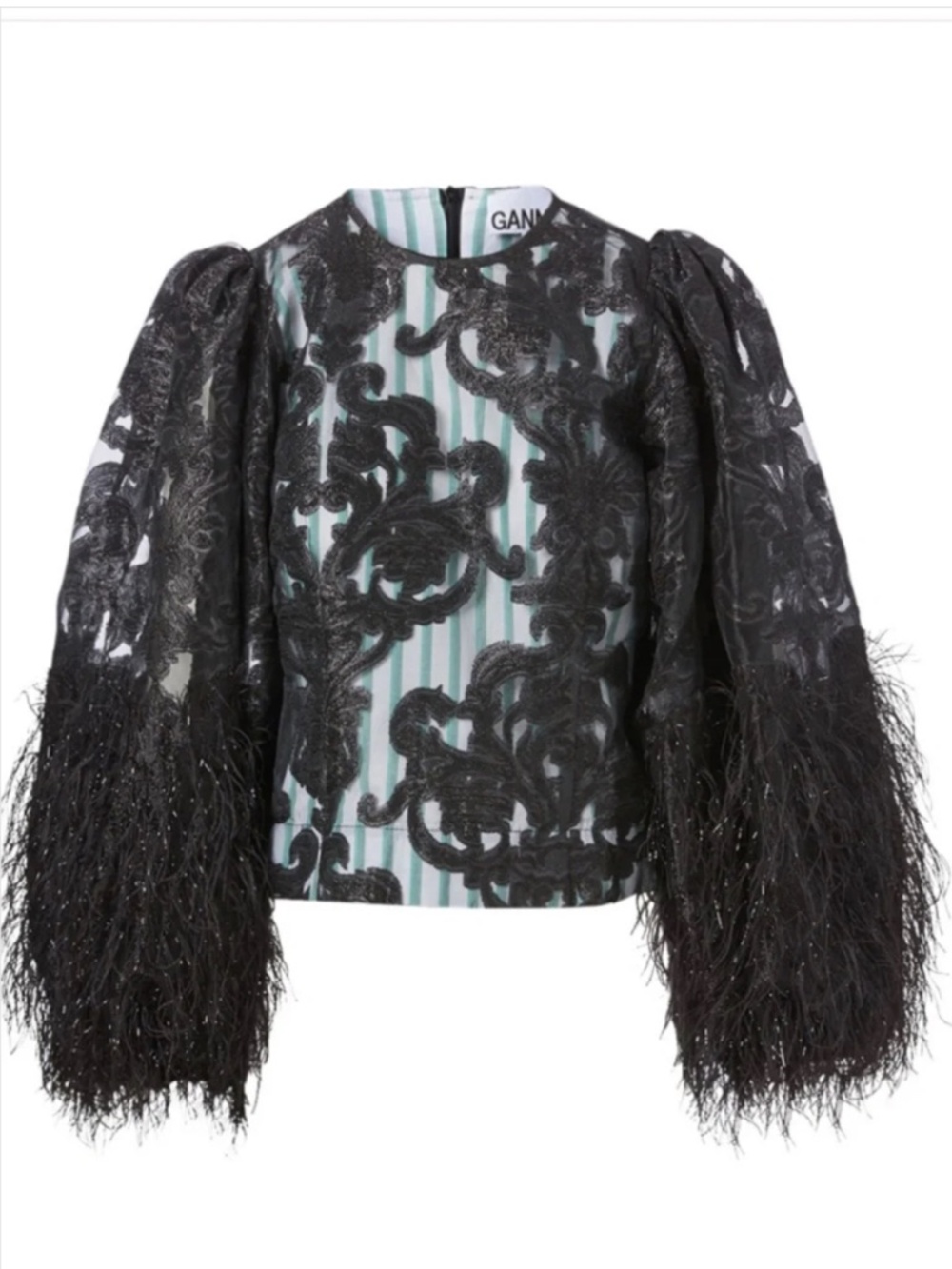 NWOT GANNI BLACK ORGANZA FEATHER TRIM STRIPED BLOUSE STATEMENT SLEEVE US 4